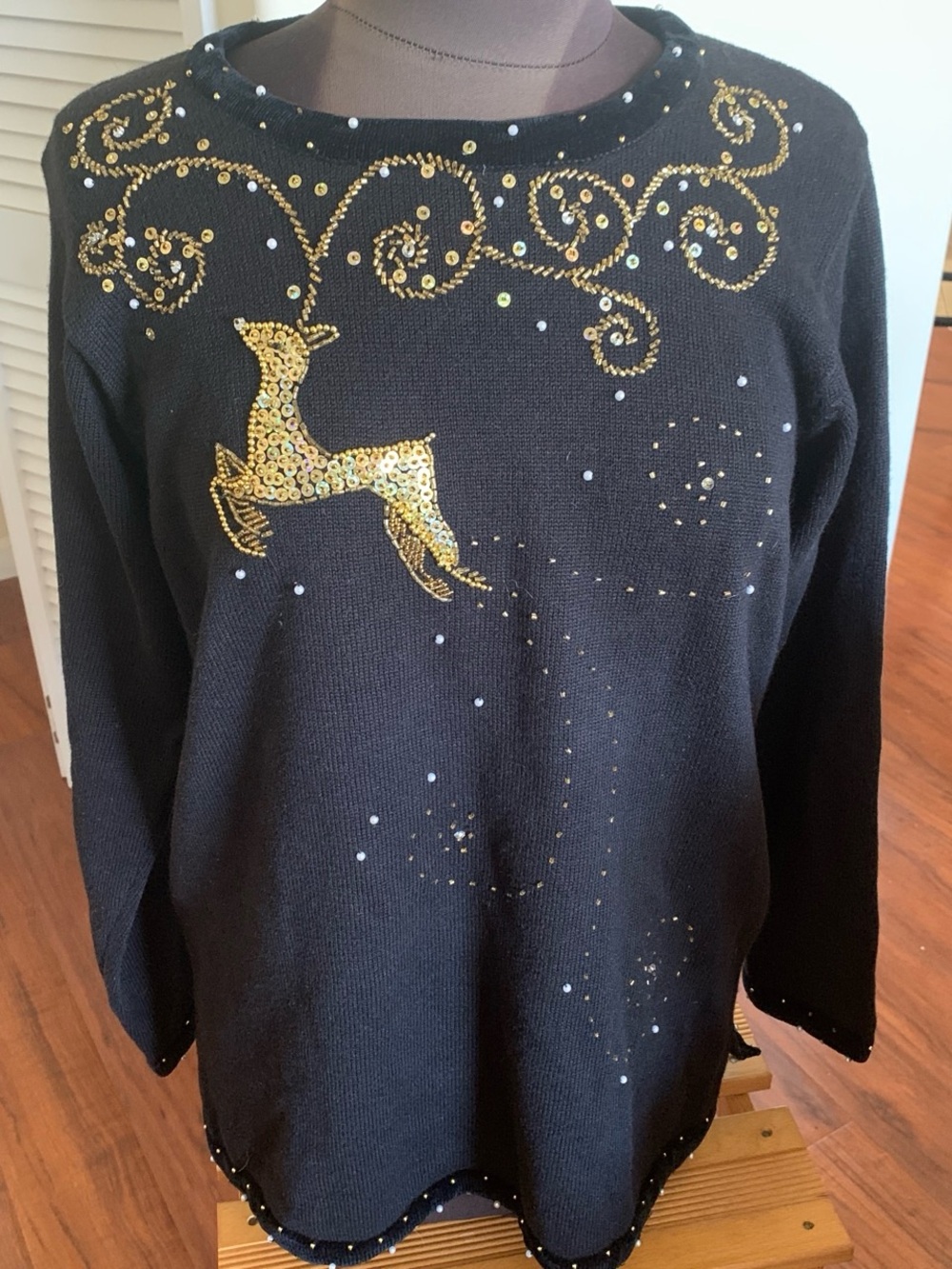 Quacker Factory Black Sweater with Gold Sequin Reindeer